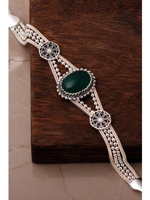 Sümer Telkari 3 Farklı Doğal Taş Seçenekli Anadolu Motifli Midyat Hasırı 925 Ayar Gümüş Oval Bileklik 4888