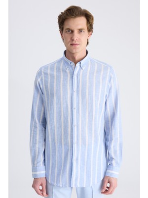 D'S Damat Ds Damat Comfort Mavi Çizgi Desenli Keten Karışımlı Gömlek 4HC02KY042652