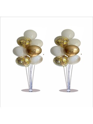 Zenviva 2 Adet Ayaklı Balon Standı 7li, Toplam 14 Adet Gold, Deniz Kumu, Şeffaf Balon Seti