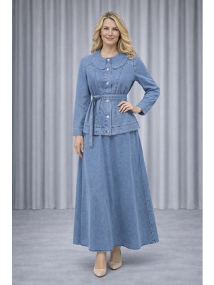 Hiramir Kadın Düğme Detaylı Kuşaklı Denim Takım YZ2610