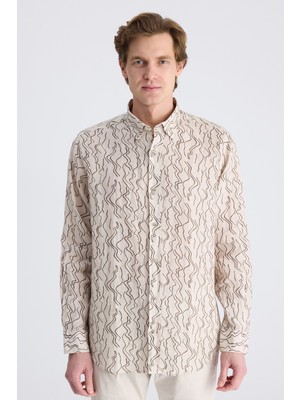 D'S Damat Ds Damat Comfort Bej Baskılı %100 Keten Gömlek 4HC02AP372650