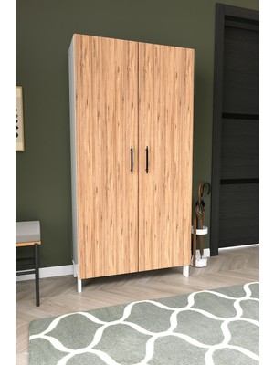 Dekorfim DF08106 2 Kapaklı Çok Amaçlı 5 Raflı Ayarlanabilir Raf Sistemli Fonksiyonel Kiler Depolama Dolabı Beyaz-Çam