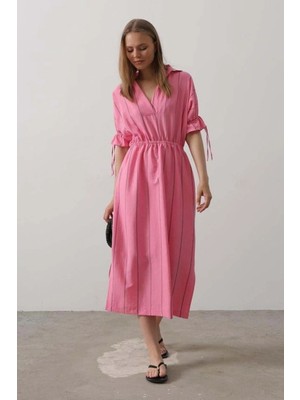 Aymood Beli Lastikli Elbise - Pembe