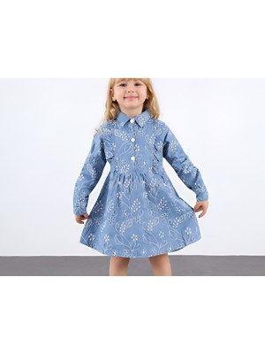 ButumiKids Kız Çocuk Çiçek Nakış Işleme Detaylı Mavi Elbise
