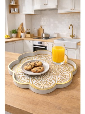 Zucci Home Akdeniz Esintisi Dekoratif Yaldızlı Papatya Sunum Tepsisi | Daisy Mandala  | Premium Servis Tepsisi - 36X36 cm