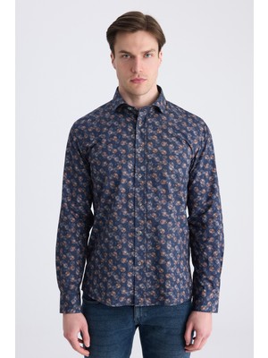 D'S Damat Ds Damat Slim Fit Lacivert Baskılı %100 Pamuklu Gömlek 3HC0221213271