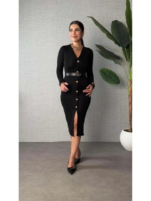 Aymood Kadın Uzun Kollu V Yakalı Önden Düğmeli Yırtmaçlı Modal Midi Kemersiz Elbise