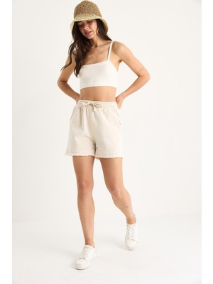 Tena Kadın Taş Beli Lastikli Paçası Püsküllü Kısa Şort