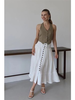 Dip Moda Kadın Bel Lastikli Düğmeli Etek DPNP010