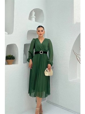 Dip Moda Kadın Kemer Detaylı Kruvaze Yaka Piliseli Yeşil Midi Elbise