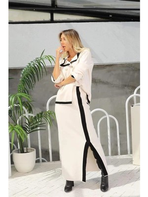 Dip Moda Kadın Ekru Düğme Detaylı Etekli Triko Takım DPPRML07