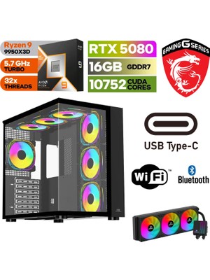 MSI Msı Şafak-Gaming Pc Ddr5-Rtx 5080 16GB -Ryzen 9 9950X3D – 64 GB Ddr5 Ram - 1 Tb M.2 SSD 5000 4000 – 360MM Sıvı Sogutma -Windows 11 Pro-