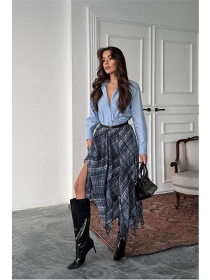 Dip Moda Kadın mavi desenli asimetrik kesim yırtmaçlı şifon tam boy etek DPG124