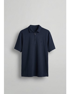 Abluka Online Erkek Slim Fit Yarım Fermuarlı Basic Polo Yaka T-Shirt Lacivert