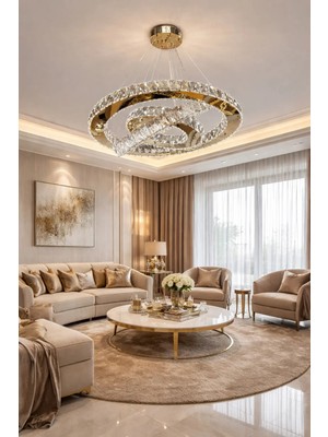 Kafkas 60X45X30 Daire 3 Katlı Gold Modern Kristal Avize