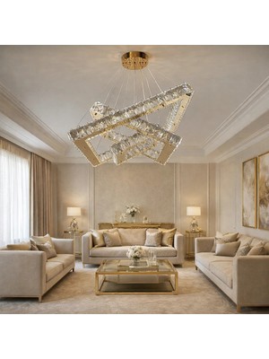 Kafkas 50X35X25 Kare 3 Katlı Gold Kristal Avize