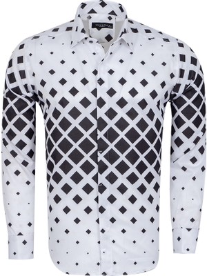 Makrom Siyah Beyaz Degrade Geometrik Desenli Gizli Pat Gömlek