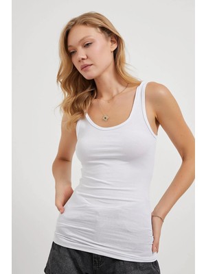 Tena Kadın Ekru Kalın Askılı Ön Arka U Yaka Tişört