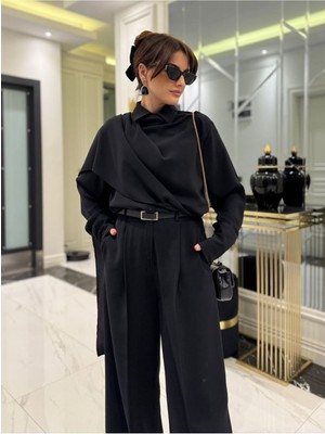 Stelol Kadın Uzun Kollu Şal Detaylı Bluz ve Pantolon Ikili Takım