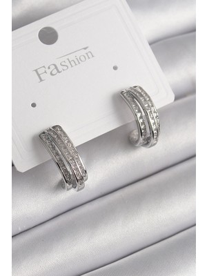 Belle Fusion Mey Ithalat® Pirinç Gümüş Renk Zirkon Taşlı Yarım Halka Model Kadın Küpe