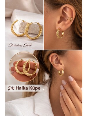 Stainless Steel Gold Burgu Örgü Halka Küpe Paslanmaz Çelik