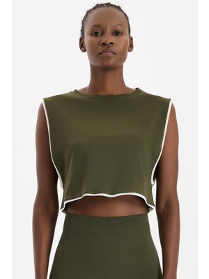 COMEUP Kontrast Biyeli Sıfır Kol Crop Top Koyu Yaprak Yeşili