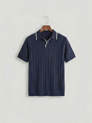 Kastrioti Fitilli Örgü Dokulu Kontrast Yaka/kol Şeritli Old Money Polo Yaka T-Shirt