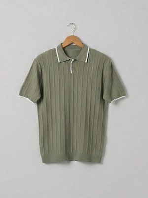 Kastrioti Fitilli Örgü Dokulu Kontrast Yaka/kol Şeritli Old Money Polo Yaka T-Shirt