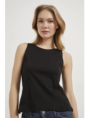 Tena Kadın Siyah Kayık Yaka Bel Oturtmalı Licralı Peplum Bluz