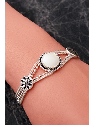 Sümer Telkari 2 Farklı Doğal Taş Seçenekli Anadolu Motifli Midyat Hasırı 925 Ayar Gümüş Bileklik 4889