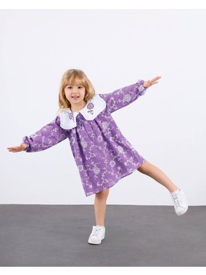 ButumiKids Kız Çocuk Nakış Işlemeli Geniş Yaka Mor Keten Elbise