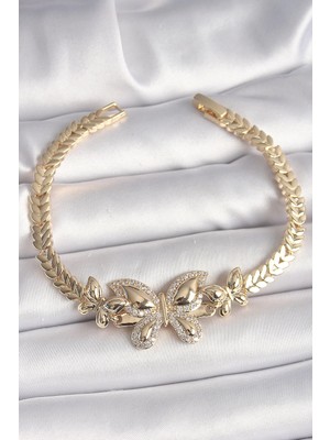 Belle Fusion Mey Ithalat® Pirinç Gold Renk Zirkon Taşlı Kelebek Model Kadın Bileklik