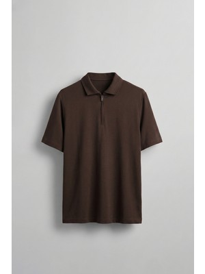 Abluka Online Erkek Slim Fit Yarım Fermuarlı Basic Polo Yaka T-Shirt Kahverengi