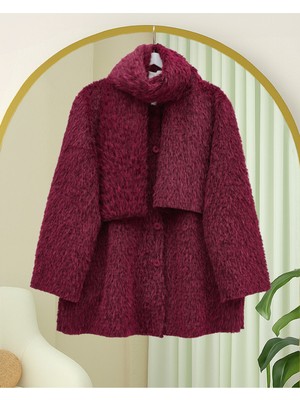 Modamorfo Atkı Detaylı Önü Düğmeli Sakallı Ceket -Bordo