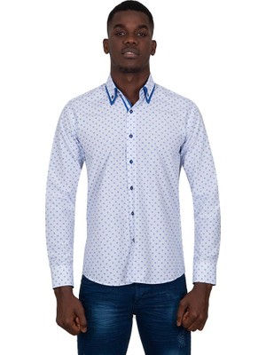 Makrom Çift Yaka Tasarımlı Mavi Çiçekli Beyaz Gömlek