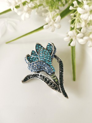 Halley Concept Mavi Işıltılı Çiçek Broş