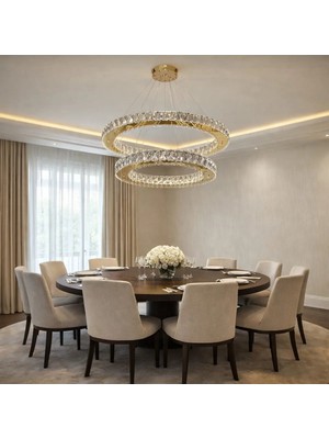 Kafkas 60X45 Daire Gold 2 Katlı Kristal Modern Avize