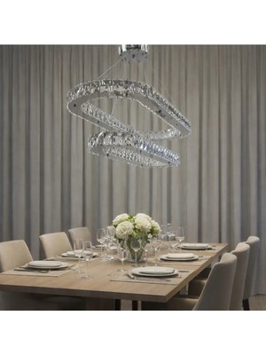 Kafkas 80X65 Elips Gümüş 2 Katlı Yemek Masası Kristal Avize