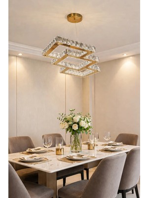 Kafkas 80LİK Iç Içe Kare Yemek Masası Gold Kristal Avize