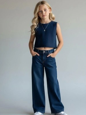 Zekids Kız Çocuk Yüksek Bel Geniş Paça Jean Pantolon