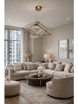 Kafkas 35X25LİK Kare 2katlı Gold Kristal Avize