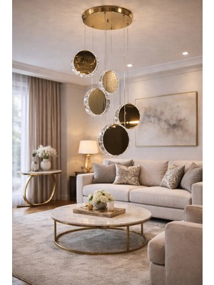 Kafkas 15LİK Ayna Gold Modern 5li Kristal Sarkıt Avize