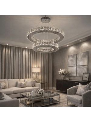 Kafkas 45X30DAİRE Gümüş 2 Katlı Kristal Avize