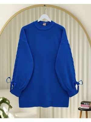 Modamorfo Yuvarlak Yaka Kolu Örgü Detaylı Triko Kazak   -Saks