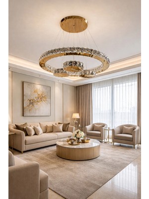 Kafkas 60LIK Daire Kristal Sarkıtlı Gold Modern Avize