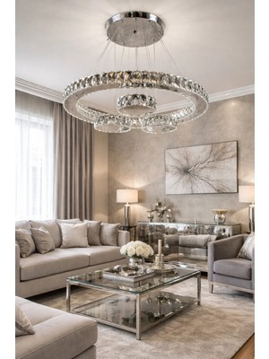 Kafkas 60LIK Daire Kristal Sarkıtlı Gümüş Modern Avize