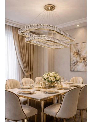 Kafkas 75X60 Köşeli Elips Gold 2 Katlı Modern Kristal Avize