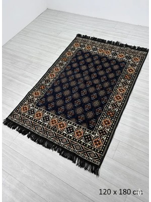 Bakırözü Home Pamuk Polyester Karışımlı Otantik Şark Köşesi Kilimi - Buhara Lacivert Modeli Yıkanabilir Kilim