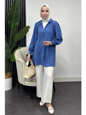 Tesettür Diyarı Kadın Dökümlü Gömlek-Mavi