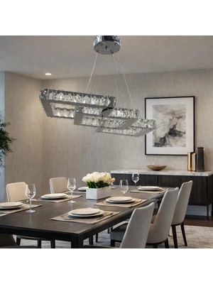 Kafkas 75LİK Iç Içe Kare Yemek Masası Gümüş Kristal Avize